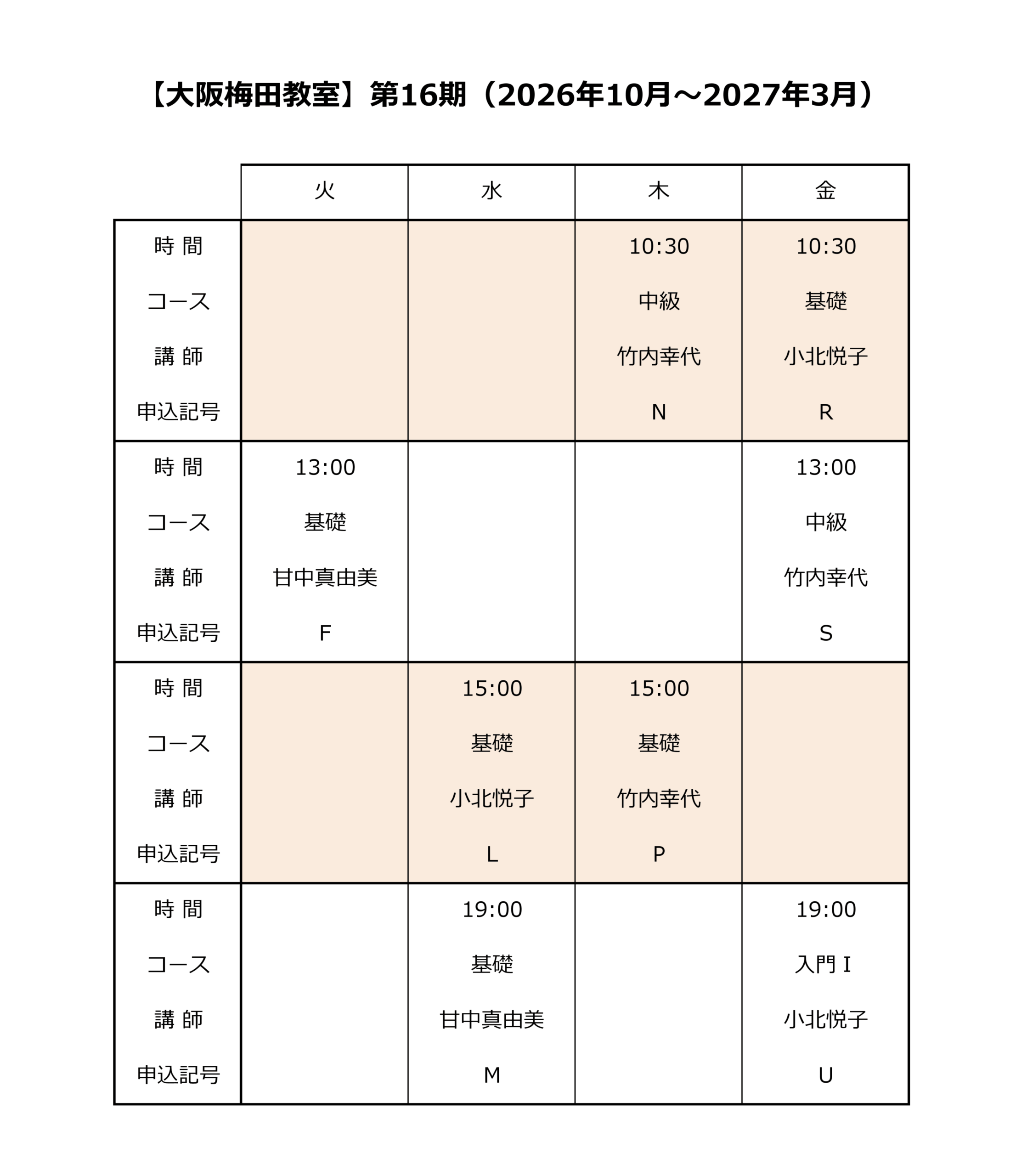 今期の時間割表